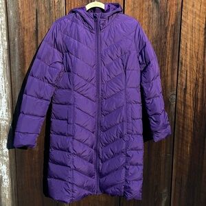 Lands End Long Down Puffer Coat 600 80/20 in Deep Purple with Hood Size S 6-8